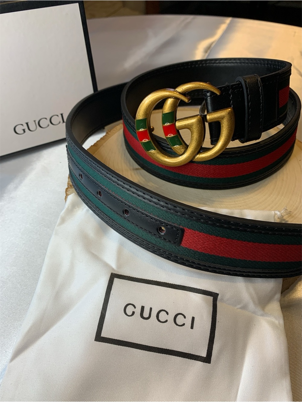 Gucci Leather Belt with Red and Green Web Stripe and Gold Double G Buckle